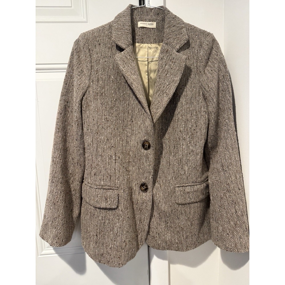 Maison Hotel Women's Herringbone Tweed Blazer Jacket Size S Brown/tan Italy Made